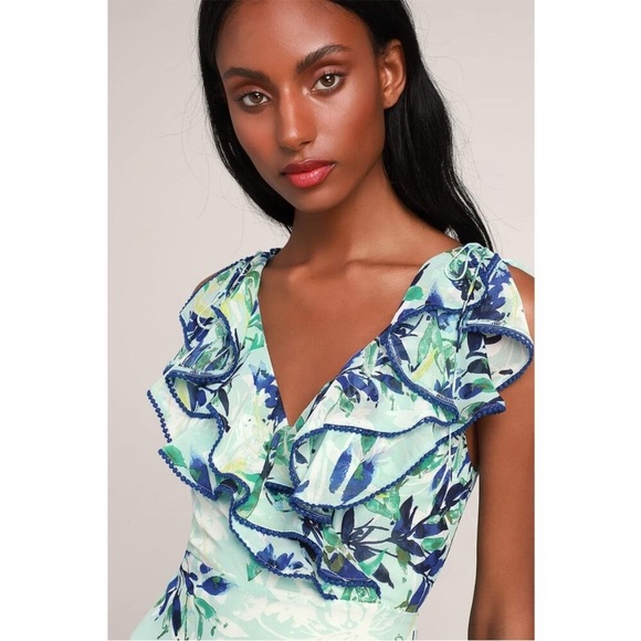 Lulus Sammi Blue Floral Ruffle wrap Maxi Dress Wedding Formal coastal beachy S - Picture 5 of 16